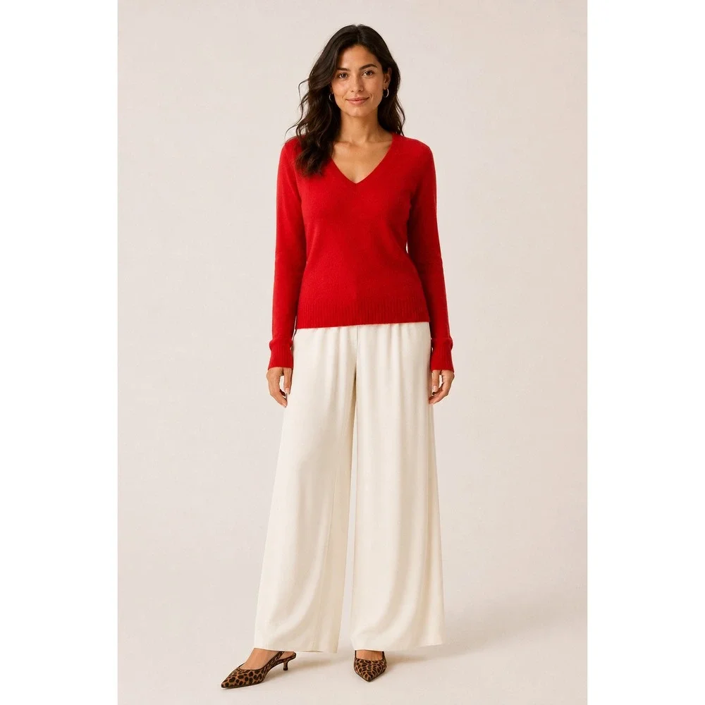 Golightly Cashmere Red V-Neck Sweater Large Made in USA Old Money Minimalist